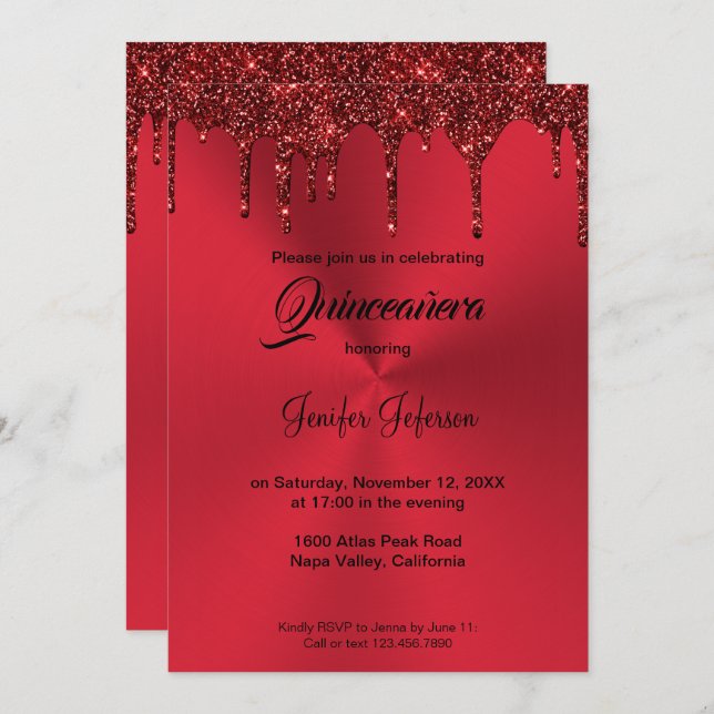Metallic red glitter Quinceanera Invitation (Front/Back)