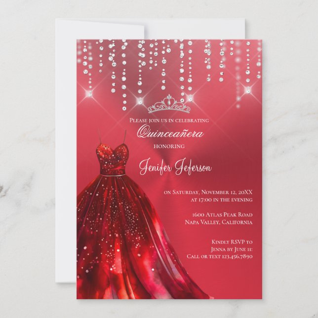 Metallic red glitter Quinceanera Invitation (Front)