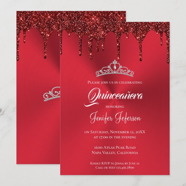Metallic red glitter Quinceanera Invitation (Front/Back)