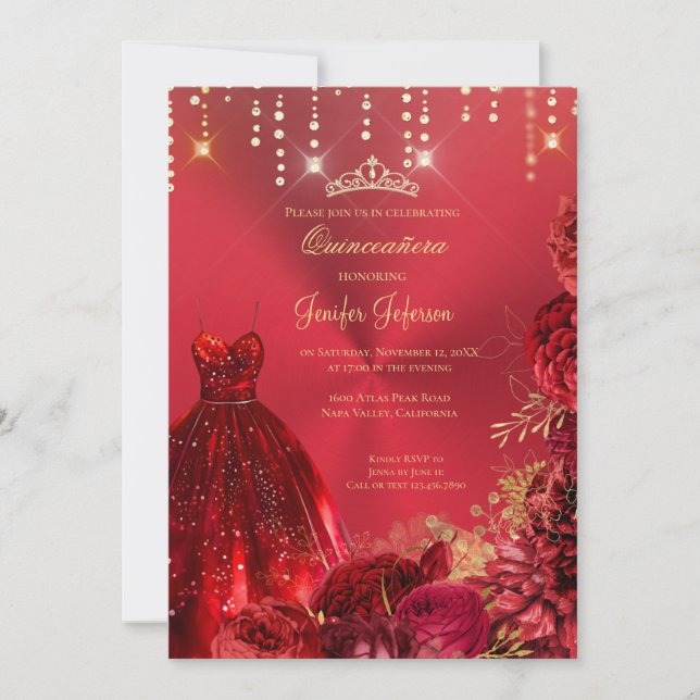 Metallic red glitter Quinceanera Invitation (Front)
