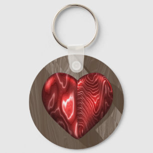 Metallic Red Heart on Wood Key Ring
