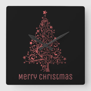 Metallic Red Stars Christmas Tree Elegant Black Square Wall Clock
