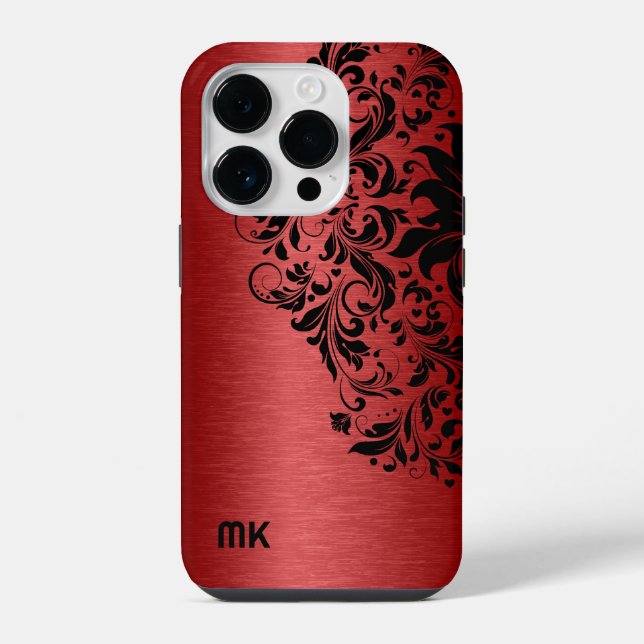 Metallic Red Texture Black Lace & Text iPhone Case (Back)