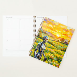 Metallic Robot in Sunset Meadow Oil Painting Planner