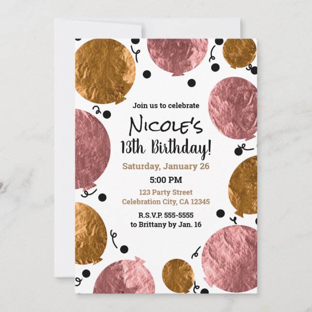 Metallic Rose Gold Balloons Birthday Celebration Invitation (Front)