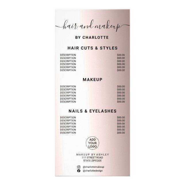 Metallic rose gold calligraphy hair makeup price rack card (Front)