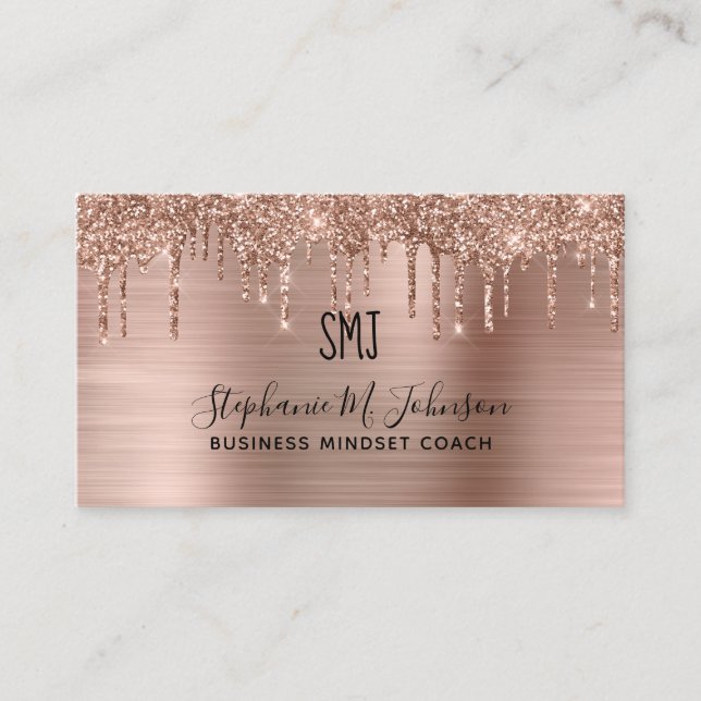Metallic Rose Gold Glitter Drip Monogram Logo Business Card (Front)
