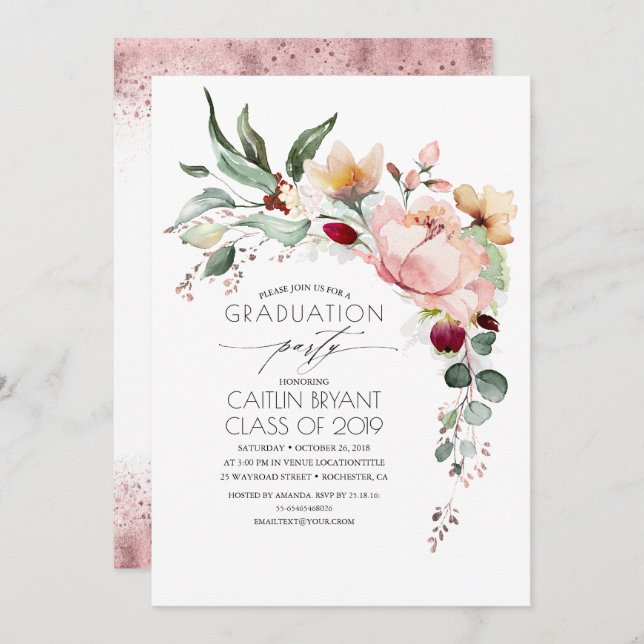 Metallic Rose Gold Glitter Floral Graduation Invitation (Front/Back)