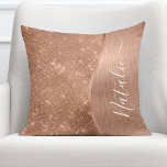 Metallic Rose Gold Glitter Personalised Cushion<br><div class="desc">Easily personalise this rose gold brushed metal and glamourous faux glitter patterned throw pillow with your own custom name.</div>