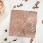 Metallic Rose Gold Glitter Personalised Glass Coaster<br><div class="desc">Easily personalise this rose gold brushed metal and glamourous faux glitter patterned glass coaster with your own custom name.</div>