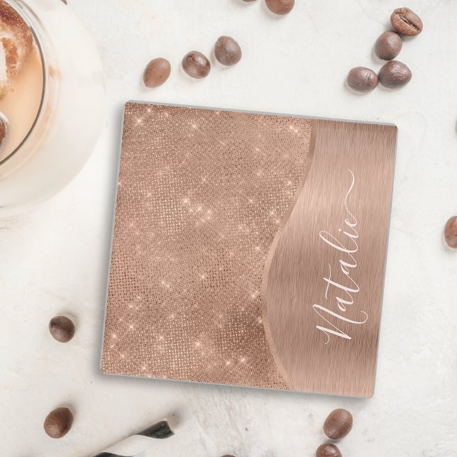 Metallic Rose Gold Glitter Personalised Glass Coaster (Creator Uploaded)