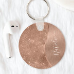 Metallic Rose Gold Glitter Personalised Key Ring<br><div class="desc">Easily personalise this rose gold brushed metal and glamourous faux glitter patterned keychain with your own custom name.</div>