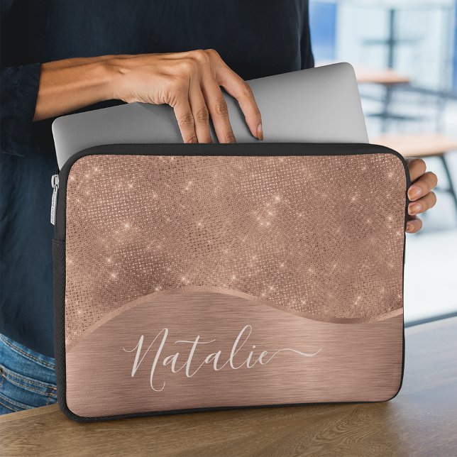 Metallic Rose Gold Glitter Personalised Laptop Sleeve (Creator Uploaded)
