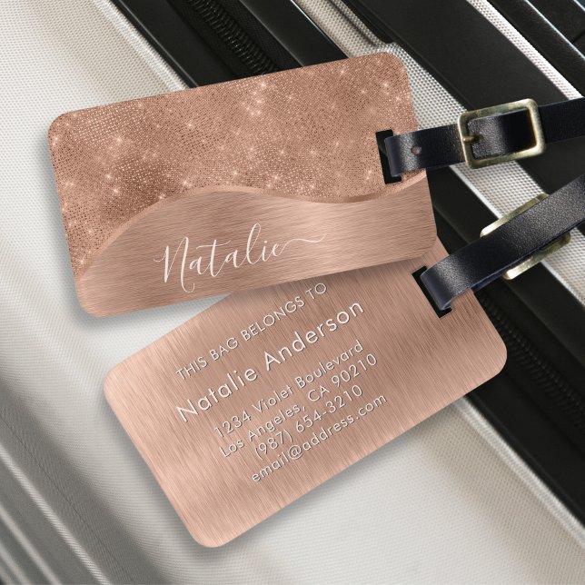 Metallic Rose Gold Glitter Personalised Luggage Tag (Creator Uploaded)