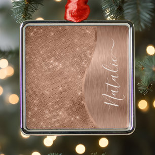 Metallic Rose Gold Glitter Personalised Metal Tree Decoration