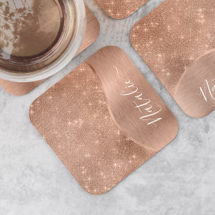 Metallic Rose Gold Glitter Personalised Square Paper Coaster