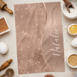Metallic Rose Gold Glitter Personalised Tea Towel<br><div class="desc">Easily personalise this rose gold brushed metal and glamourous faux glitter patterned kitchen towel with your own custom name.</div>