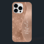 Metallic Rose Gold Glitter Personalized iPhone 14 Pro Max Case<br><div class="desc">Easily personalize this rose gold brushed metal and glamorous faux glitter patterned phone case with your own custom name.</div>