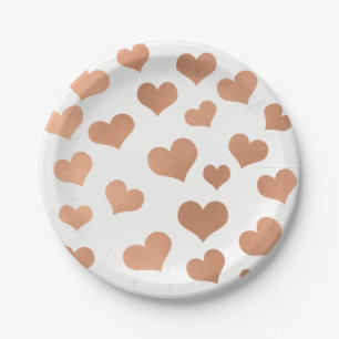 Metallic Rose Gold Hearts Confetti White Copper Paper Plate