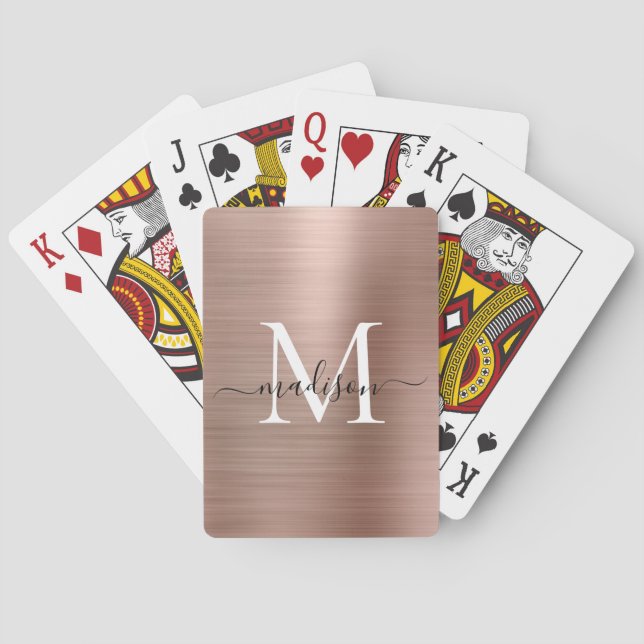 Metallic Rose Gold Monogram Stylish Script Name Playing Cards (Back)
