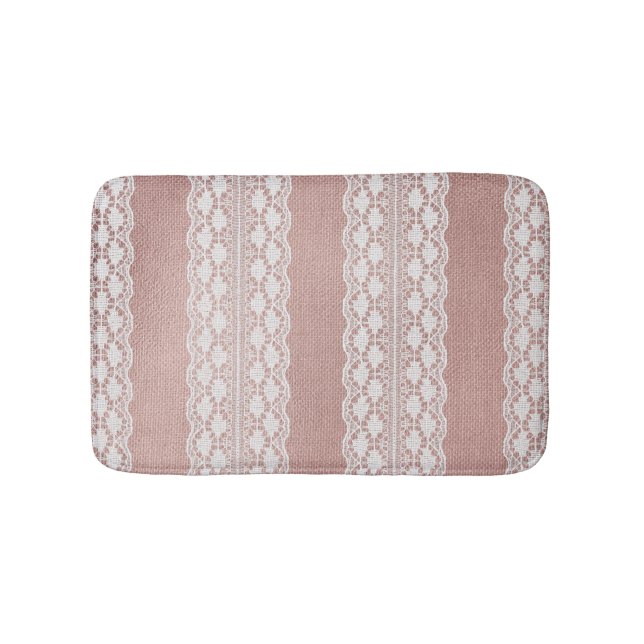 Metallic rose gold, off-white lace texture. bath mat (Front)