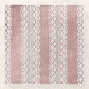 Metallic rose gold, off-white lace texture. glass coaster