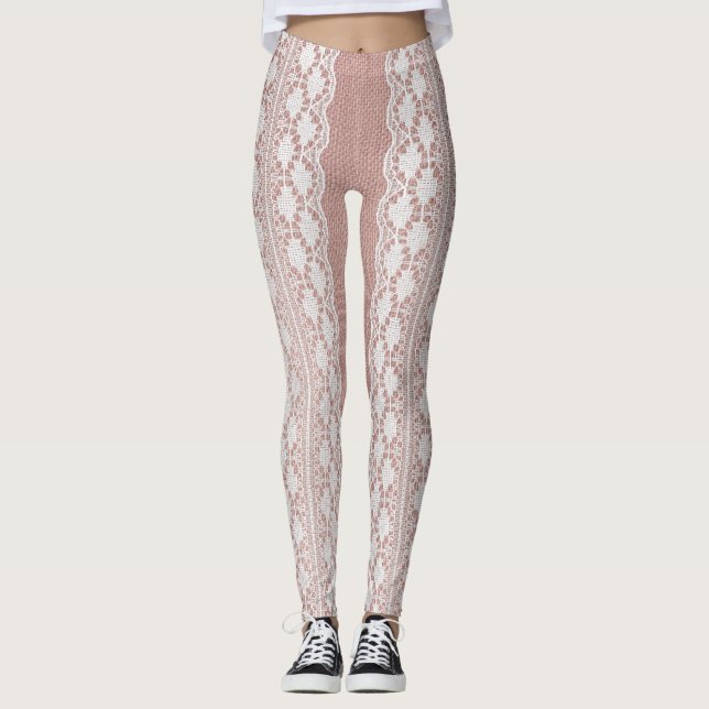 Metallic rose gold, off-white lace texture. leggings (Front)