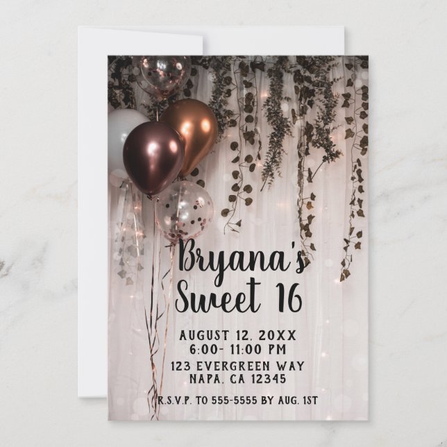 Metallic Rose Gold Pink Balloons Lights Sweet 16 Invitation (Front)