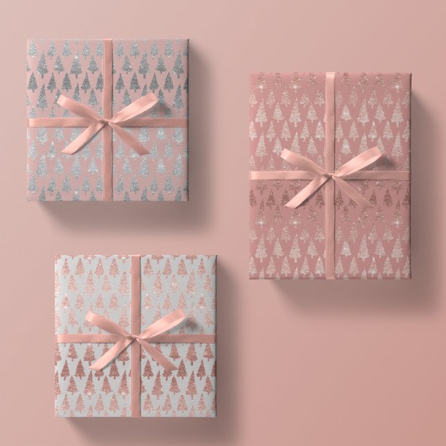 Metallic Rose Gold Platinum Silver Christmas Trees Wrapping Paper Sheet (Creator Uploaded)