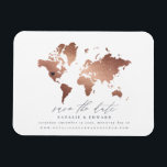Metallic rose gold world map wedding announcement magnet<br><div class="desc">Metallic rose gold world map wedding save the date card. With a beautiful classic metallic copper or rose gold world map,  moveable heart to position over your location of choice and space for name location and additional details. Ideal for foreign location weddings or just because you love your state.</div>