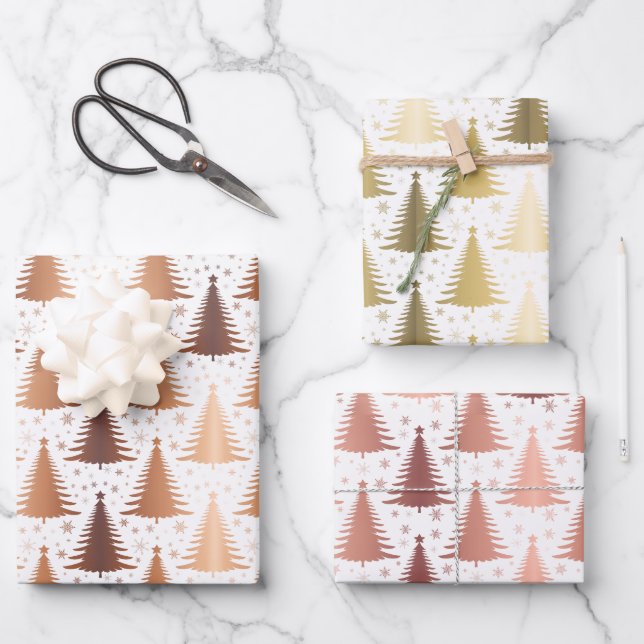 Metallic Rose Yellow Gold Christmas Trees Pattern Wrapping Paper Sheet (Front)