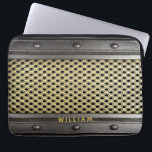 Metallic rough industrial guys men laptop sleeve<br><div class="desc">A cool rough industrial style for guys,  men.  Grey faux steel and gold looking metal and rivets.  Personalise and add your name,  light grey letters.</div>
