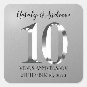 Metallic Silver 10th Wedding Anniversary Square Sticker