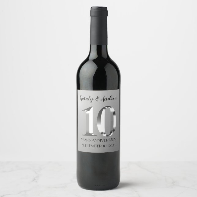 Metallic Silver 10th Wedding Anniversary Wine Label (Front)