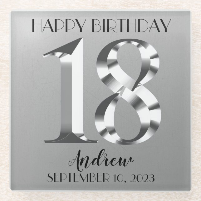 Metallic Silver 18th birthday Glass Coaster (Front)