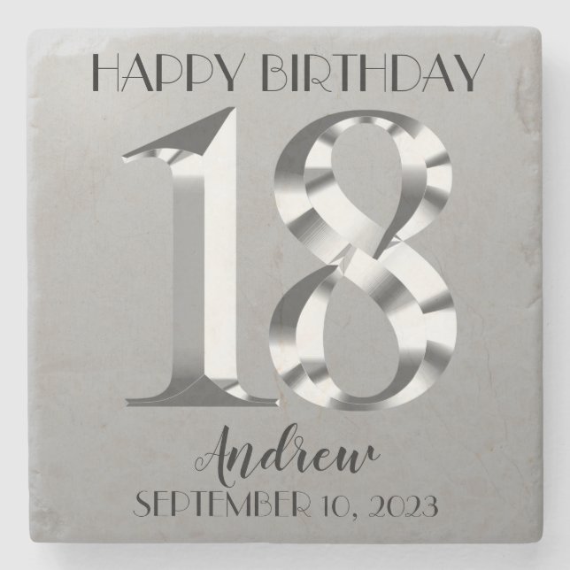 Metallic Silver 18th birthday Stone Coaster (Front)