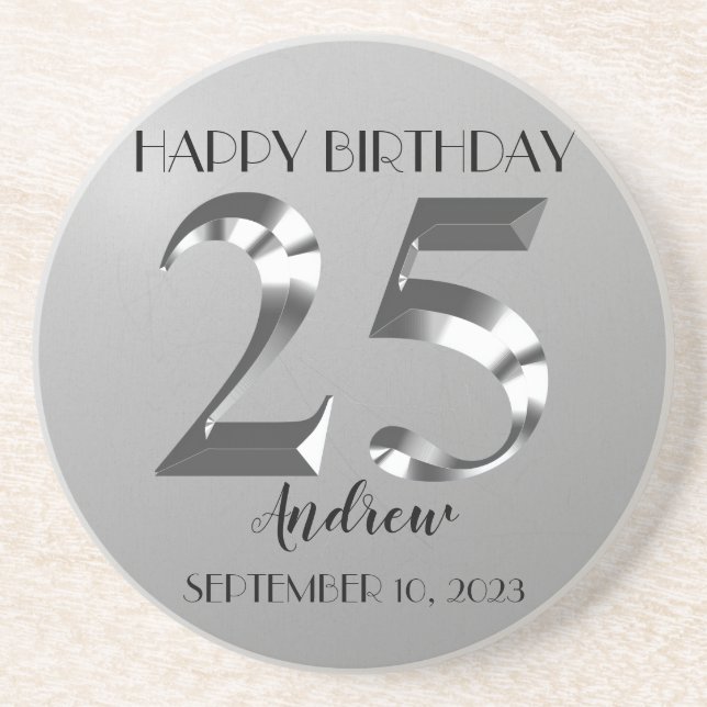 Metallic Silver 25th birthday Coaster (Front)