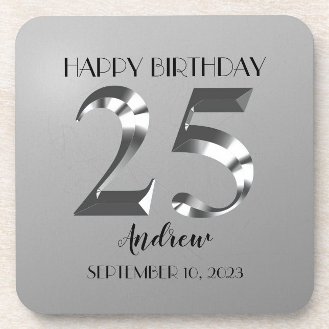 Metallic Silver 25th birthday Coaster (Front)