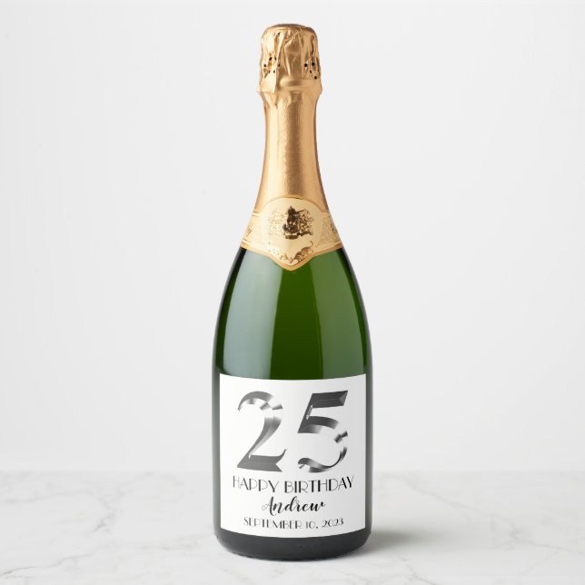 Metallic Silver 25th birthday Sparkling Wine Label (Front)