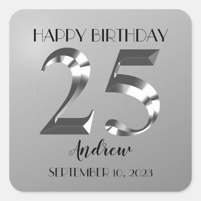 Metallic Silver 25th birthday Square Sticker (Front)