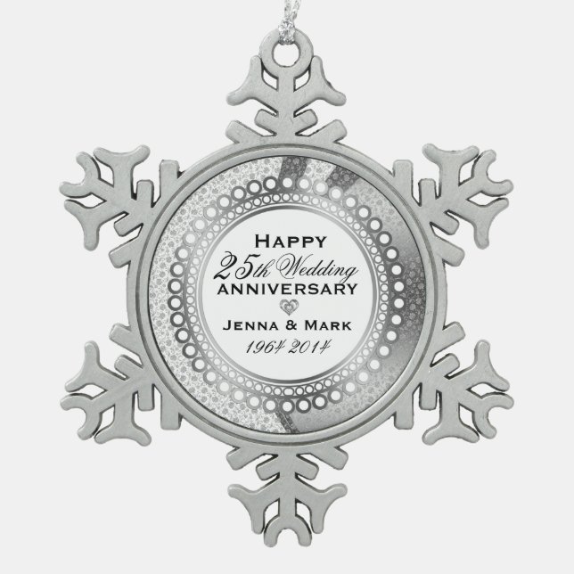 Metallic Silver 25th Wedding Anniversary 5 Snowflake Pewter Christmas Ornament (Front)