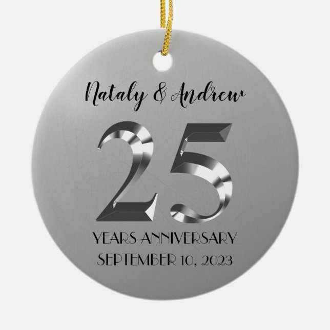 Metallic Silver 25th Wedding Anniversary Ceramic Tree Decoration (Front)