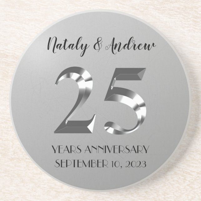 Metallic Silver 25th Wedding Anniversary Coaster (Front)