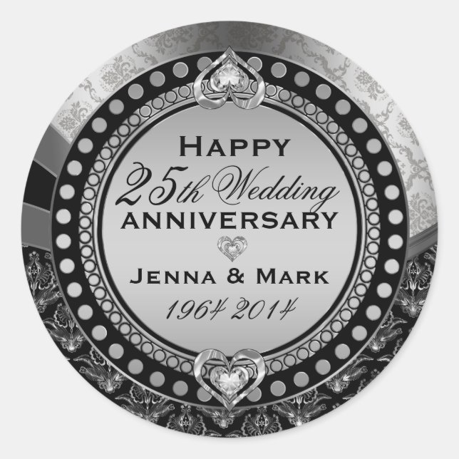 Metallic Silver 25th Wedding Anniversary Ornament Classic Round Sticker (Front)