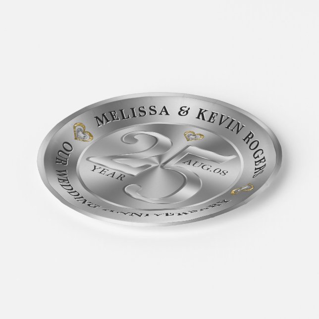 Metallic Silver 25th Wedding Anniversary Paper Plate (Angled)