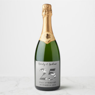 Metallic Silver 25th Wedding Anniversary Sparkling Wine Label