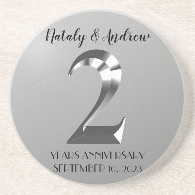Metallic Silver 2th Wedding Anniversary Coaster (Front)