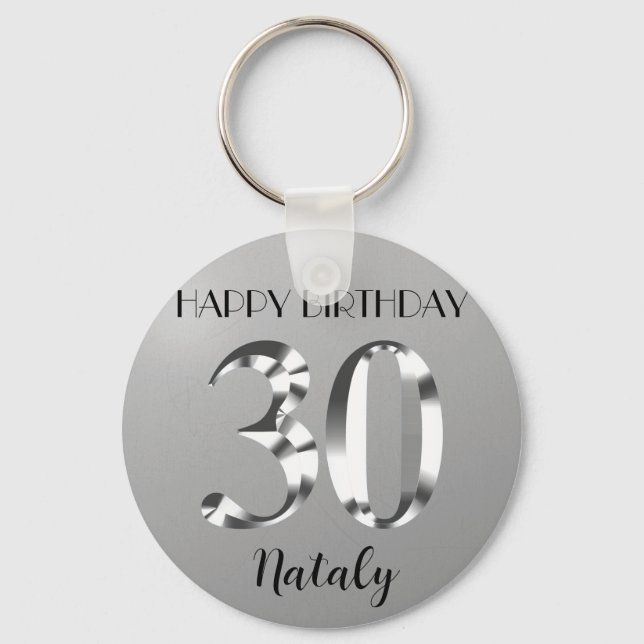 Metallic silver 30th birthday key ring (Front)