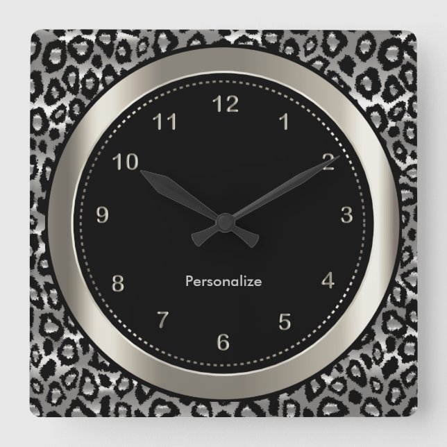 Metallic Silver and Black Leopard Print Square Wall Clock (Front)