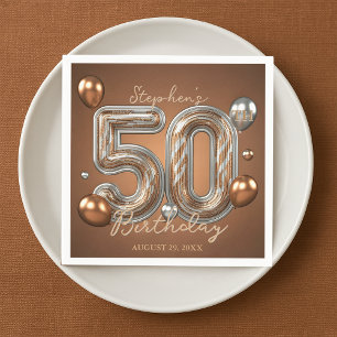 Metallic Silver and Bronze Balloons 50th Birthday Napkin